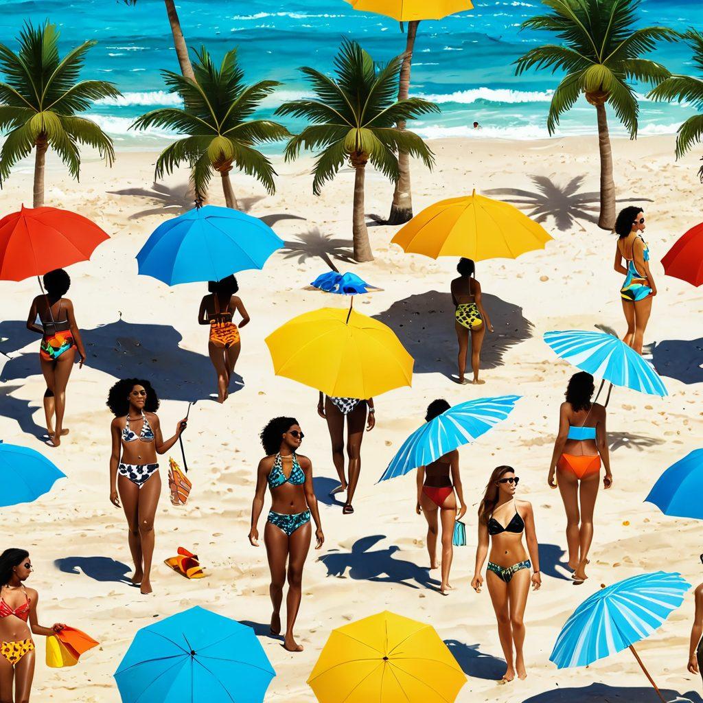A vibrant beach scene showcasing a diverse group of people wearing stylish two-piece swimsuits featuring animal prints and bold colors. The beach should include umbrellas, surfboards, and tropical palm trees, creating a lively atmosphere. The sun casts a warm glow on the scene, highlighting the fun and confidence of beachgoers. Add playful splashes of water and colorful beach towels scattered on the sand for added detail. tropical, vibrant colors, 3D.