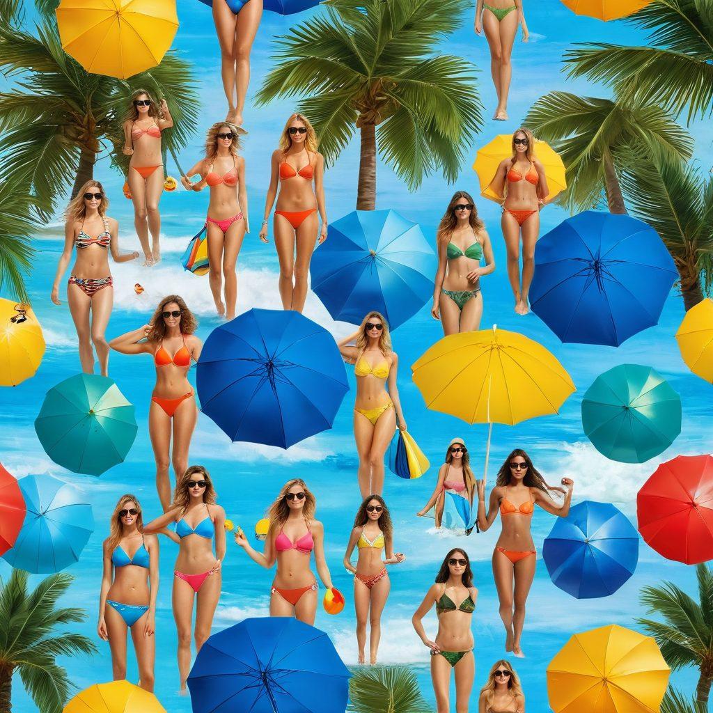 A vibrant beach scene featuring diverse models wearing the latest stylish swimwear trends, surrounded by tropical palm trees and colorful beach umbrellas. Include bright sun, clear blue ocean waves, and playful beach accessories like sunglasses and beach balls. The atmosphere should feel lively, inviting, and fresh, capturing the essence of a perfect summer. vibrant colors. super-realistic. sunny backdrop.